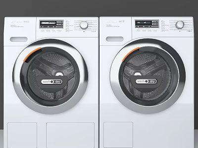 Two White Modern Washing Machines With Digital Control Panels And Round Doors 3d model