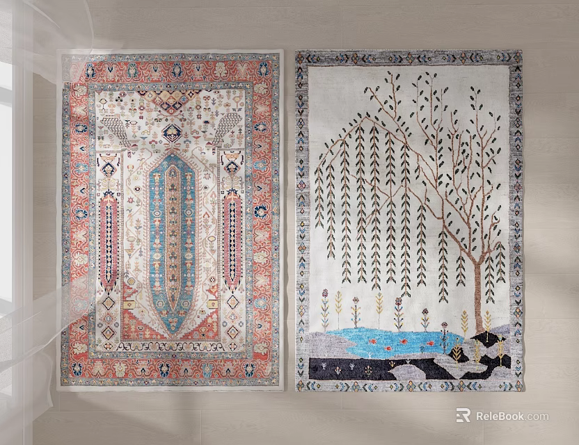 Two Square Rugs Featuring Geometric Patterns And Tree Design With Decorative Elements 3d model 