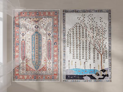 Two Square Rugs Featuring Geometric Patterns And Tree Design With Decorative Elements 3d model