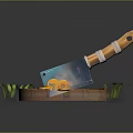 Kitchen Knife with Orange Handle on Wooden Cutting Board and Lemon Slices with Green Grass