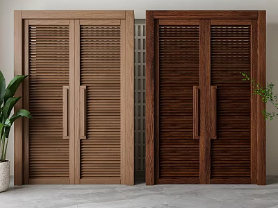 Light And Dark Wooden Louvered Double Doors In Modern Interior With Plants 3d model