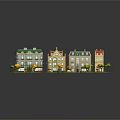 Cartoon Town Scene With Colorful Buildings Green Lawns Street Lamps And Central Fountain