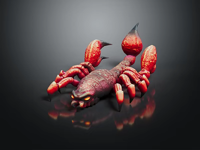 Realistic Red Scorpion Figurine With Glowing Eyes On Dark Reflective Background 3d model