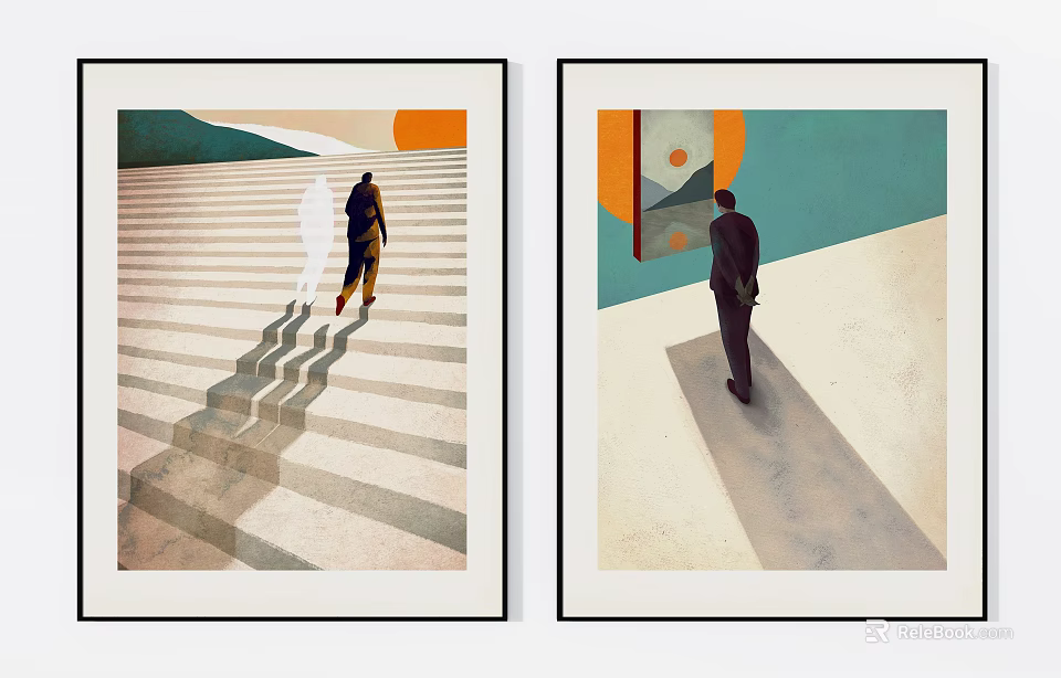 Modern Figurative Paintings Featuring Human Figures On Staircase And Geometric Backgrounds 3d model 