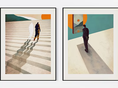 Modern Figurative Paintings Featuring Human Figures On Staircase And Geometric Backgrounds 3d model