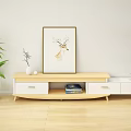 Modern TV Stand With Light Yellow White Drawers Decorative Items Plant And Wall Painting