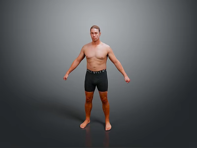 Shirtless Man Wearing Black Shorts Standing Barefoot Against Gray Background 3d model