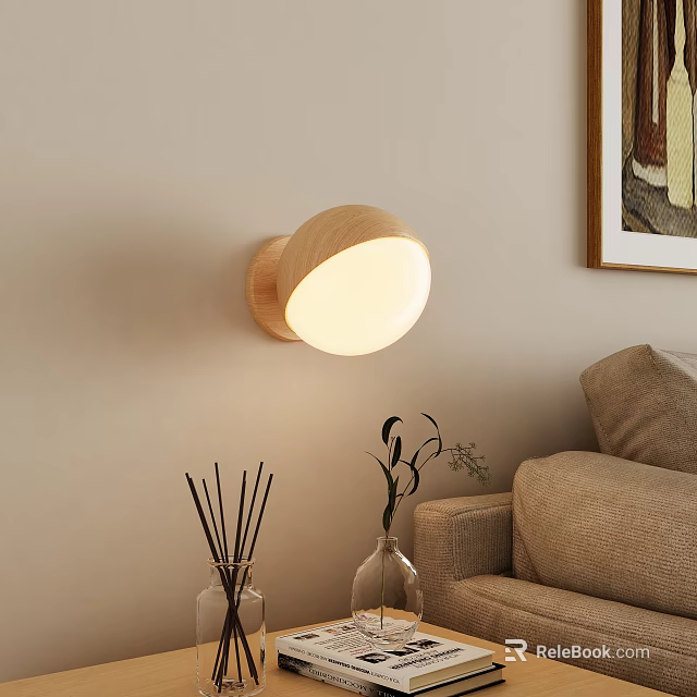 Wooden Wall Lamp With White Shade In Living Room With Couch And Plants 3d model 