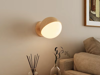 Wooden Wall Lamp With White Shade In Living Room With Couch And Plants 3d model