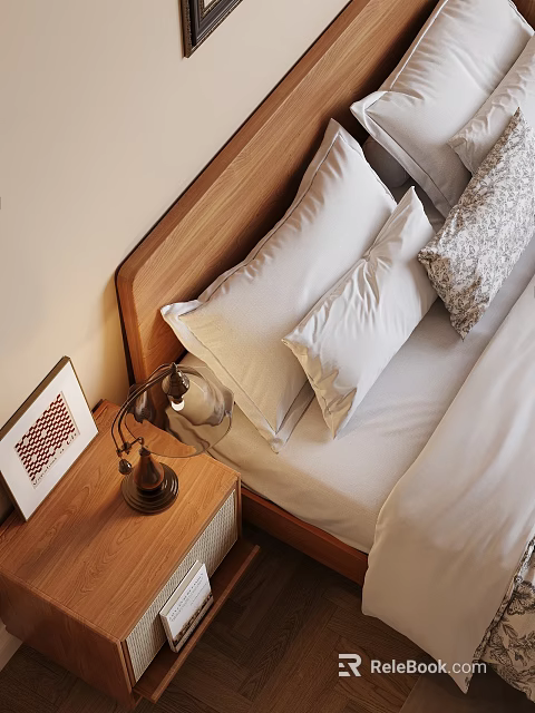 Cozy Bedroom Interior With Wooden Headboard White Sheets Pillows Nightstand Lamp And Framed 3d model 