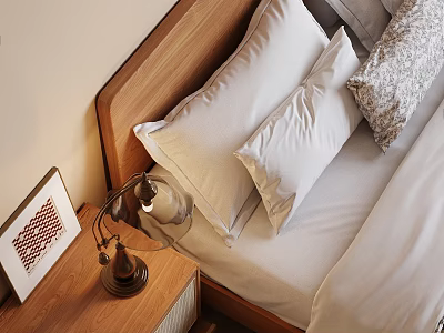Cozy Bedroom Interior With Wooden Headboard White Sheets Pillows Nightstand Lamp And Framed 3d model