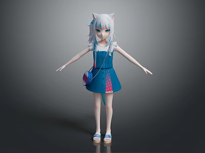 Game Movie Character With White Cat Ears Light Blue Hair Blue Dress Small Bag Sandals 3d model