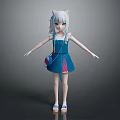 Game Movie Character With White Cat Ears Light Blue Hair Blue Dress Small Bag Sandals