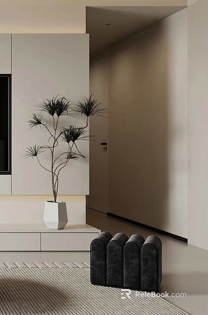 Modern Minimalist Round Stools Perfectly Match Elegant Artificial Potted Green Plant In Warm Home Space 3d model 