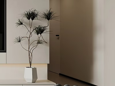 Modern Minimalist Round Stools Perfectly Match Elegant Artificial Potted Green Plant In Warm Home Space 3d model
