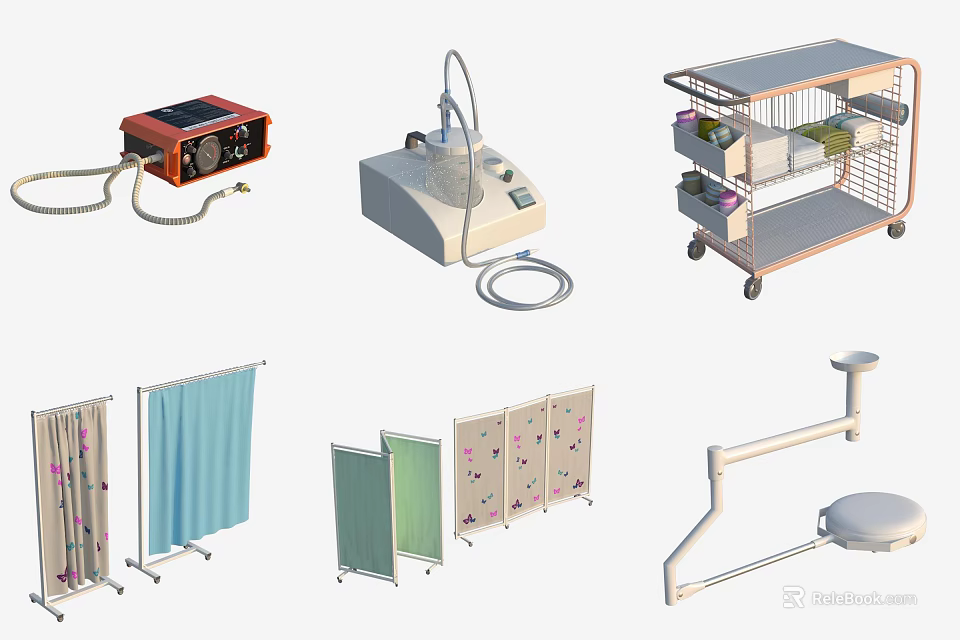 Essential Medical Devices Including Emergency Monitor Suction Machine Mobile Cart Privacy Screens And Examination Table 3d model 