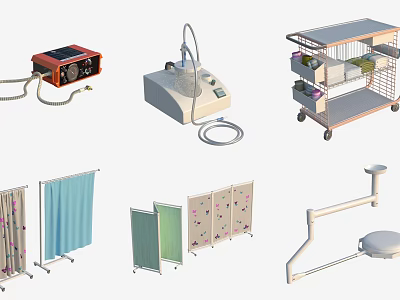 Essential Medical Devices Including Emergency Monitor Suction Machine Mobile Cart Privacy Screens And Examination Table 3d model