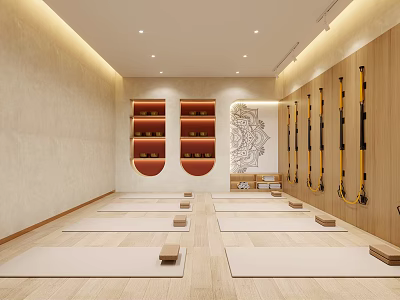 Yoga Studio Interior With Yoga Mats Blocks And Suspension Fitness Straps 3d model