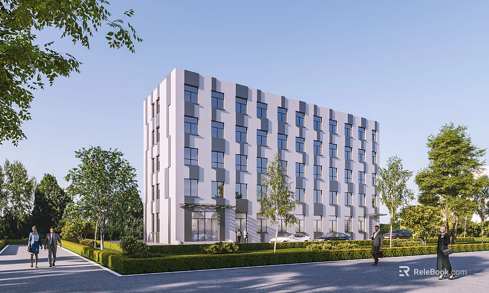 Modern Multi Story Office Building With Windows Surrounding Trees Greenery And People 3d model 