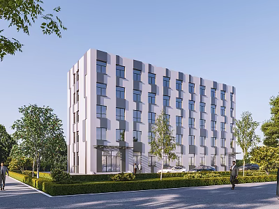 Modern Multi Story Office Building With Windows Surrounding Trees Greenery And People 3d model