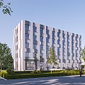 Modern Multi Story Office Building With Windows Surrounding Trees Greenery And People
