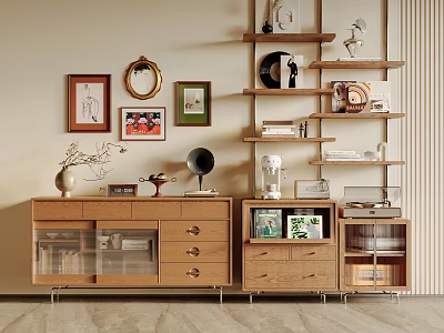 Wooden Entryway Cabinet And Side Cabinet With Drawers Glass Doors Decorative Items And Wall Art 3d model