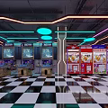 Modern Indoor Playground With Neon Lights Game Machines Vending Machines And Checkered Floor