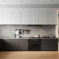 Modern Kitchen Interior With White Upper Cabinets Black Lower Cabinets Gray Backsplash And Wooden Floor