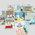 Cartoon Style 3D Room Scene With Multiple Rooms Furniture And Colorful Decorations