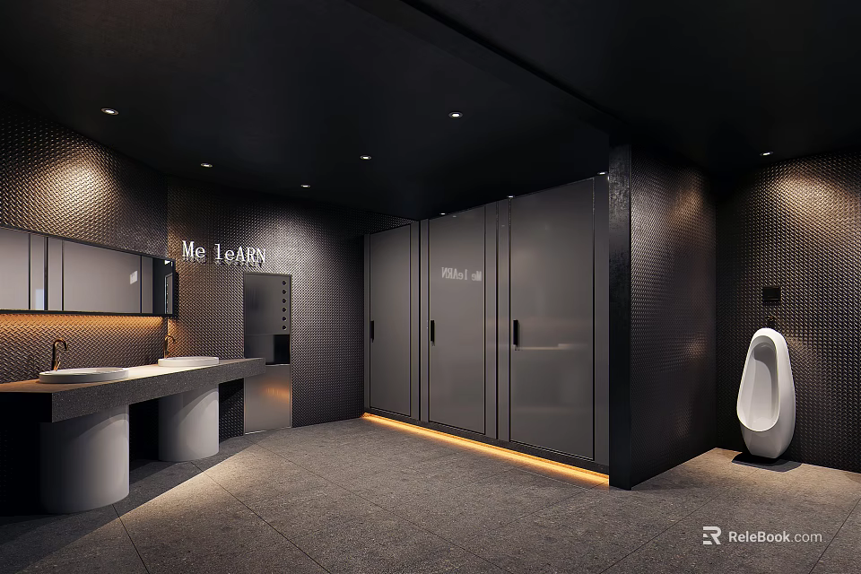 Modern Hotel Bathroom With Black Tone Mirror Cabinet Washbasin Urinal And Lighting Design 3d model 