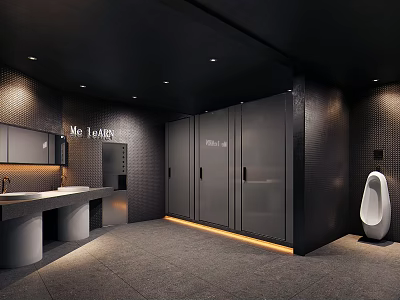 Modern Hotel Bathroom With Black Tone Mirror Cabinet Washbasin Urinal And Lighting Design 3d model