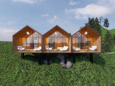 Three Adjacent Rustic Wooden Cabins on Green Grassland With Large Windows and White Sofas 3d model