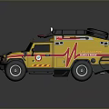 Yellow Emergency Rescue Vehicle With Red Stripes And Roof Mounted Equipment