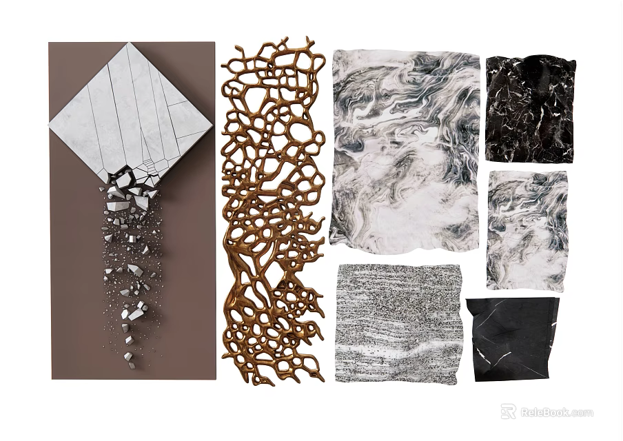 Geometric And Intricate Cutout Wall Decorations With Marble Texture And Abstract Patterns 3d model