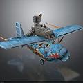 Blue Vintage Airplane Model With Red Nose Textured Wings And Metallic Propeller