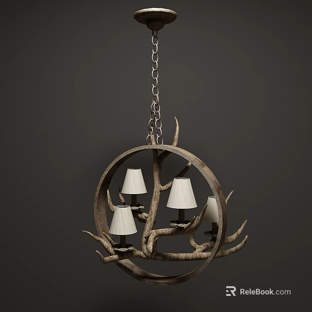 Rustic Antler Chandelier With Circular Frame And White Lampshades Design 3d model 