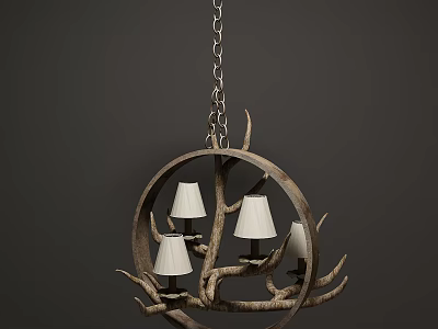 Rustic Antler Chandelier With Circular Frame And White Lampshades Design 3d model