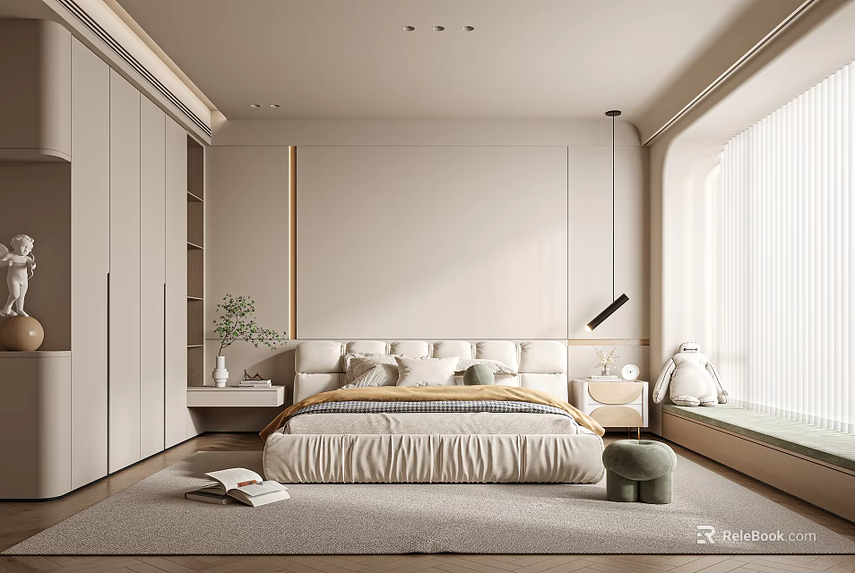 Modern Bedroom Interior Design With Large Bed Soft Rug Built in Wardrobe And Window 3d model 