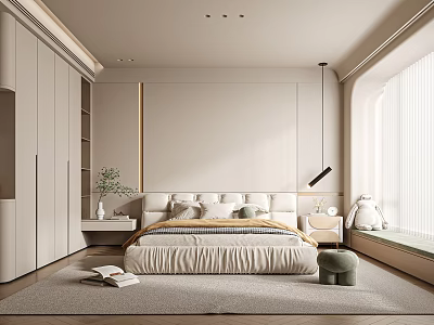 Modern Bedroom Interior Design With Large Bed Soft Rug Built in Wardrobe And Window 3d model