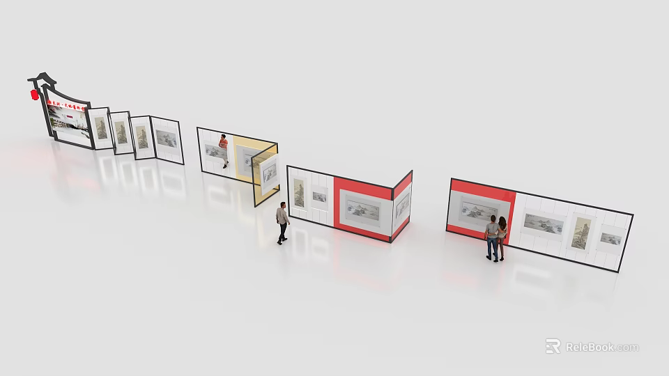 Foldable Modular Exhibition Display Shelves in Red Yellow White for Artworks with Visitors Viewing 3d model 