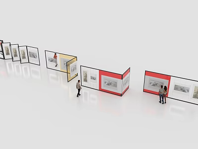Foldable Modular Exhibition Display Shelves in Red Yellow White for Artworks with Visitors Viewing 3d model