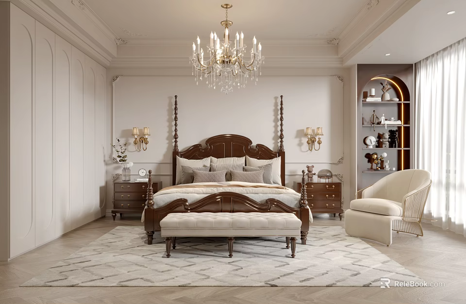 Elegant Classic Bedroom Interior Design With Four Poster Bed Wooden Nightstands And Chandelier Armchair 3d model 
