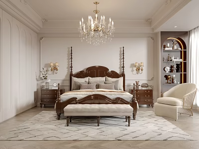 Elegant Classic Bedroom Interior Design With Four Poster Bed Wooden Nightstands And Chandelier Armchair 3d model