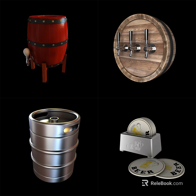 Household Living Supplies Featuring Red Wooden Barrel Metal Keg Beer Taps And Coasters 3d model 