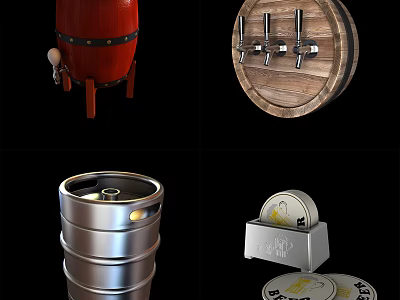 Household Living Supplies Featuring Red Wooden Barrel Metal Keg Beer Taps And Coasters 3d model