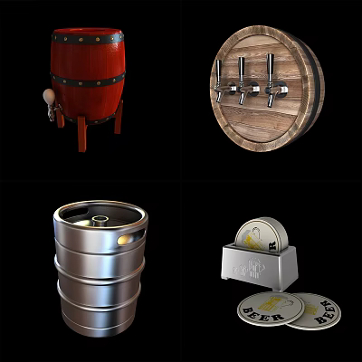 Household Living Supplies Featuring Red Wooden Barrel Metal Keg Beer Taps And Coasters 3d model