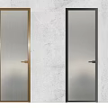Modern Swing Door Design with Gold and Black Metal Frames and Frosted Glass Panels