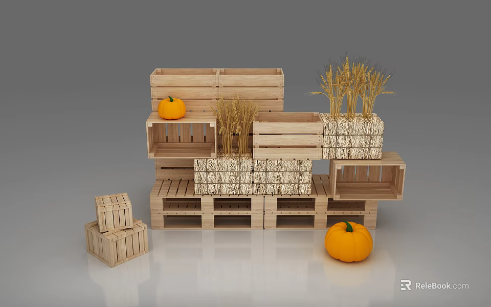 Stacked Wooden Crates With Pumpkins And Wheat Stalks For Fall 3d model 
