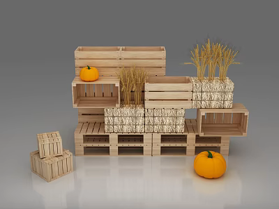 Stacked Wooden Crates With Pumpkins And Wheat Stalks For Fall 3d model