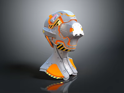 Futuristic Mechanical Helmet for Cybernetic Character With Orange Accents and Warning Stripes 3d model